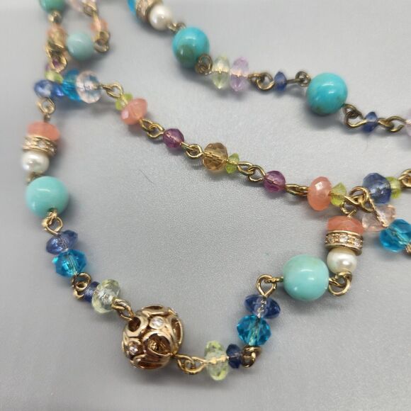 Matched Set Summer Breeze Beaded Necklace & Dangle Earrings Avon Gold Aqua Boho - Picture 5 of 9